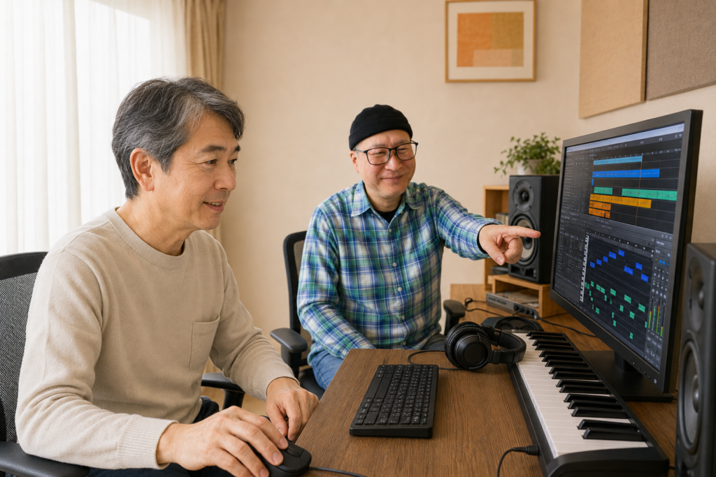 定年後の男性がSONAR教室でDTMを楽しみながら学ぶ様子