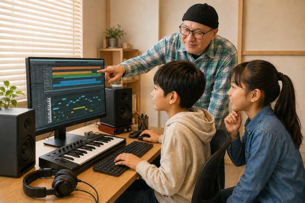 小学5・6年生がSONAR教室でDTMによる作曲を学ぶ様子